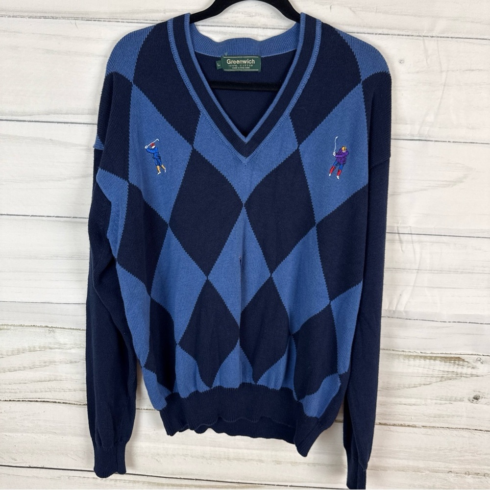 Greenwich V-Neck Argyle Sweater - Navy and Blue